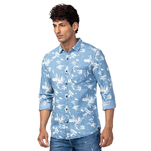 Image of Spykar Cotton Blend Full Sleeves Printed Slim Fit Shirt for Men