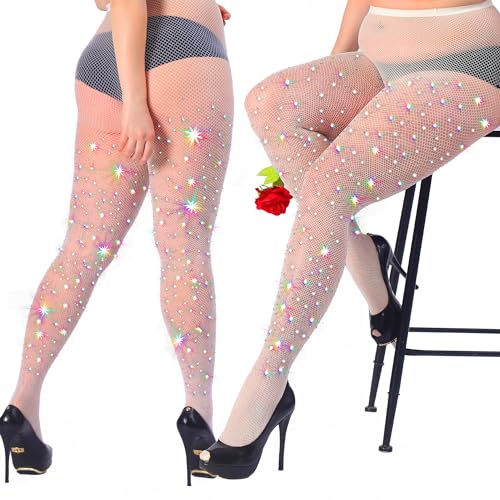 Image of HONENNA Queen Plus Size 10X Strong Rhinestone Fishnet Stockings, Ultra Sparkly High Waist Tights for Women, Party Concert