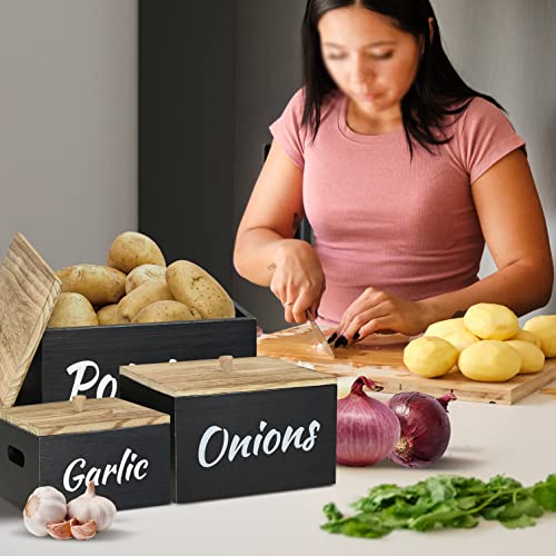 Potato And Onion Storage Set Of 3, Farmhouse Kitchen Storage Container Set For Potato Onion Garlic, Wood Potato Storage With Lid, Onion Storage Garlic Keeper, Potato Box, Onion And Potato Storage #TOP2