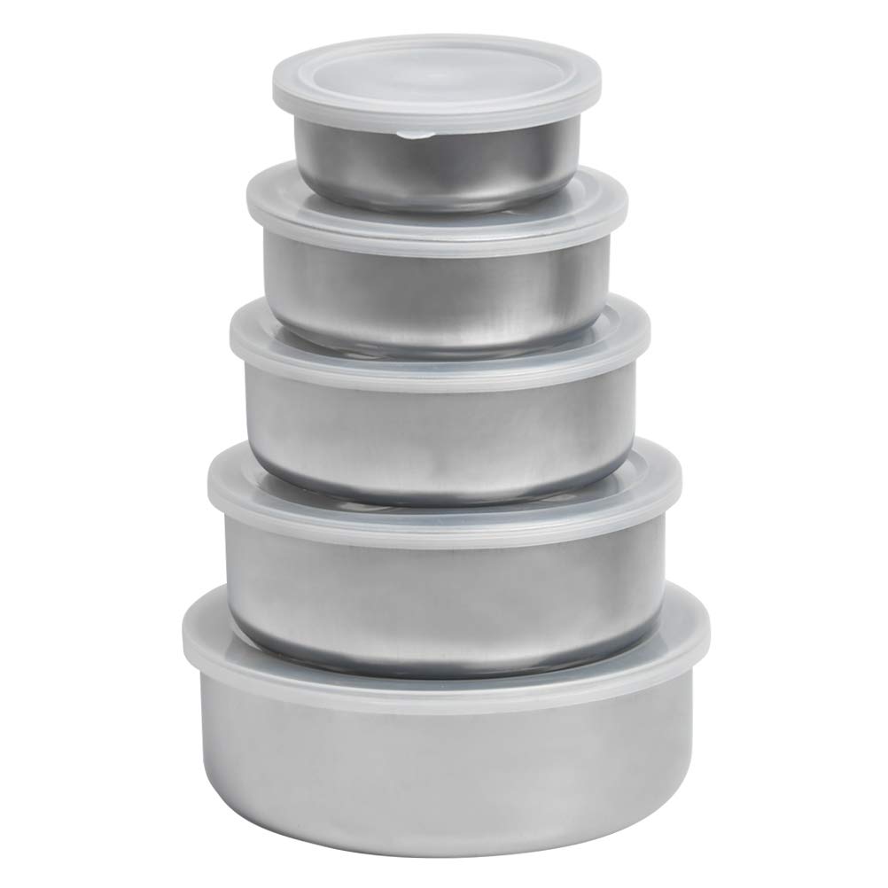 QLOUNI Set of 5 Food Storage Containers, Stainless Steel Food Storage Containers with Plastic Lids, Salad Dressing Containers Food Storage Bowls - Food Containers for School, Office and Picnic