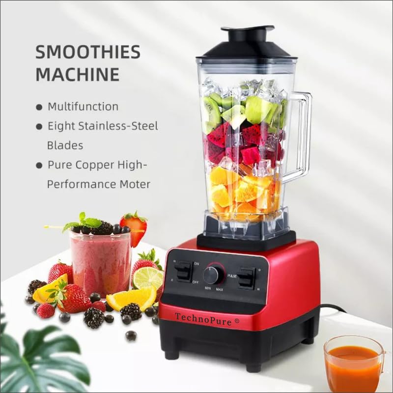 Image of TechnoPure Professional /Commercial High Speed 25000 RPM Multifunctional, Bar Blender, Mixer Grinder, 2000W, 100% Copper Motor, Heavy Duty Mixer Blender with 2 Ltr BPA Free Unbreakable Jar (Orange)
