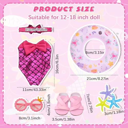Carreuty 8 Stück Rosarot Meerjungfrau Schwimm-Set für 35-45cm Baby Puppen, 43cm Schwimmpuppe Kleidung Outfits mit Sommerliches Badeanzug Schwimmring Sonnenbrille Schuhe Seestern für 14-18 Zoll Puppen