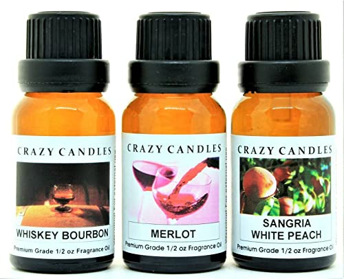Crazy Candles 3 Bottle Set: Whiskey Bourbon, Merlot, Sangria White Peach 1/2 Fl Oz Each (15Ml) Premium Grade Scented Fragrance Oil Made In Usa