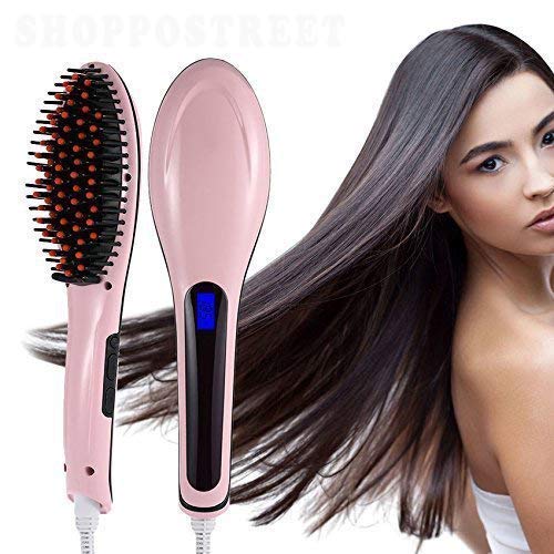 CR Enterprise® Fast Hair Straightener Straightening Comb Brush With Temperature Nano 3 In 1 Straightening LCD Screen With Temperature Control Display (Pink)