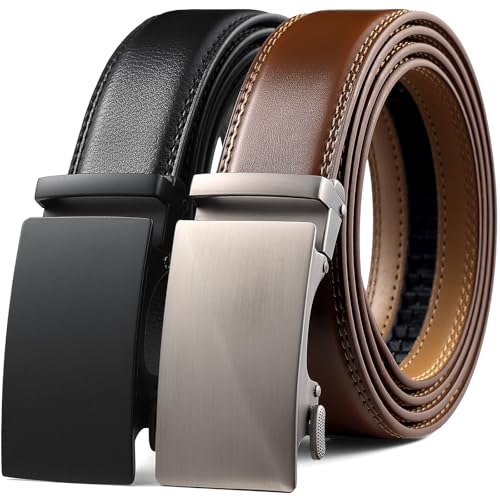 Image of Founders & C Mens Belt 2 Pack,Leather Ratchet Click Belt Dress with Slide Buckle 1 3 /8 inch in Gift Set Box- Size Adjustable
