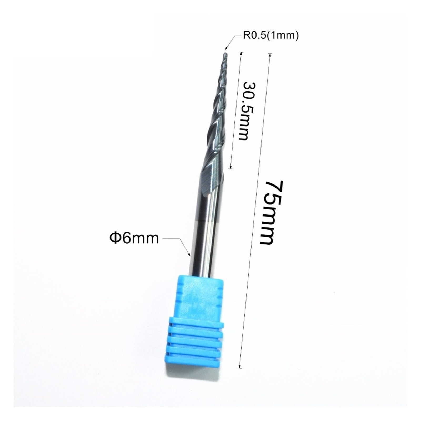 cuchilla con cabeza de bola cónica, 1 pieza, 6 mm x R0,5 x 30,5 x 75 L, fresa de carburo sólido TiALN, broca cónica for enrutador de carpintería, grabado de punta de bola cónica de 2 flautas