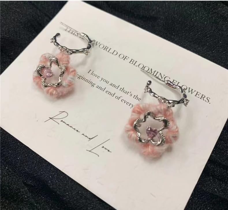 Handmade Floral Drop Earrings for Women - 925 Sterling Silver, Pink Plush Flower Design with Crystal Accent, Elegant Dangle Earrings for Gifts & Fashion Statement Jewelry - Image 2