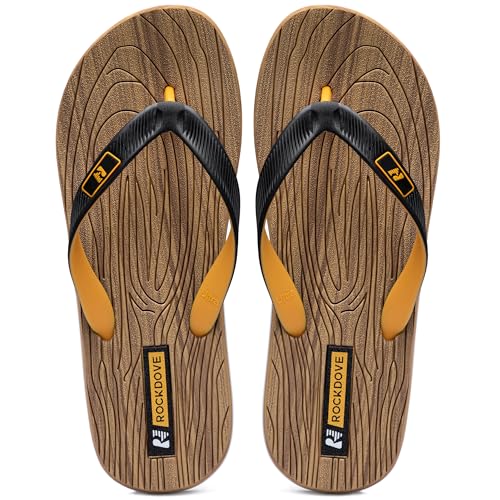 RockDove Mens Grain Two-Tone Flip Flops with EVA Footbed Casual Indoor Outdoor Beach Thong Sandal Size 10 US Men Black/Yellow
