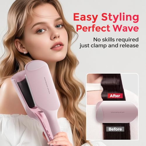 Image of Waver Curling Iron Lena S12 Beach Waver Curling Wand, Hair Tool with 2 Barrels, Anti-Scald Protection, Adjustable Time & Temps, Dual Voltage, Titanium Coating for Effortless, Long-Lasting Waves