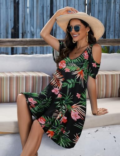 Image of JollieLovin Womens Plus Size Short Sleeve Cold Shoulder V Neck T-Shirt Dress with Pockets