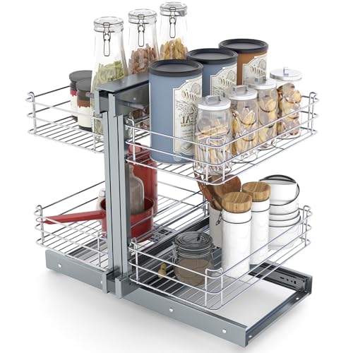 YORKING Blind Corner Pull Out Organizer for 900mm Cabinet, 2-Tier Kitchen Corner Pull Out Shelf Organizer with Soft Close & 4 Baskets, Left Open & Right Open Compatible, Min Opening 17 3/4'', Grey
