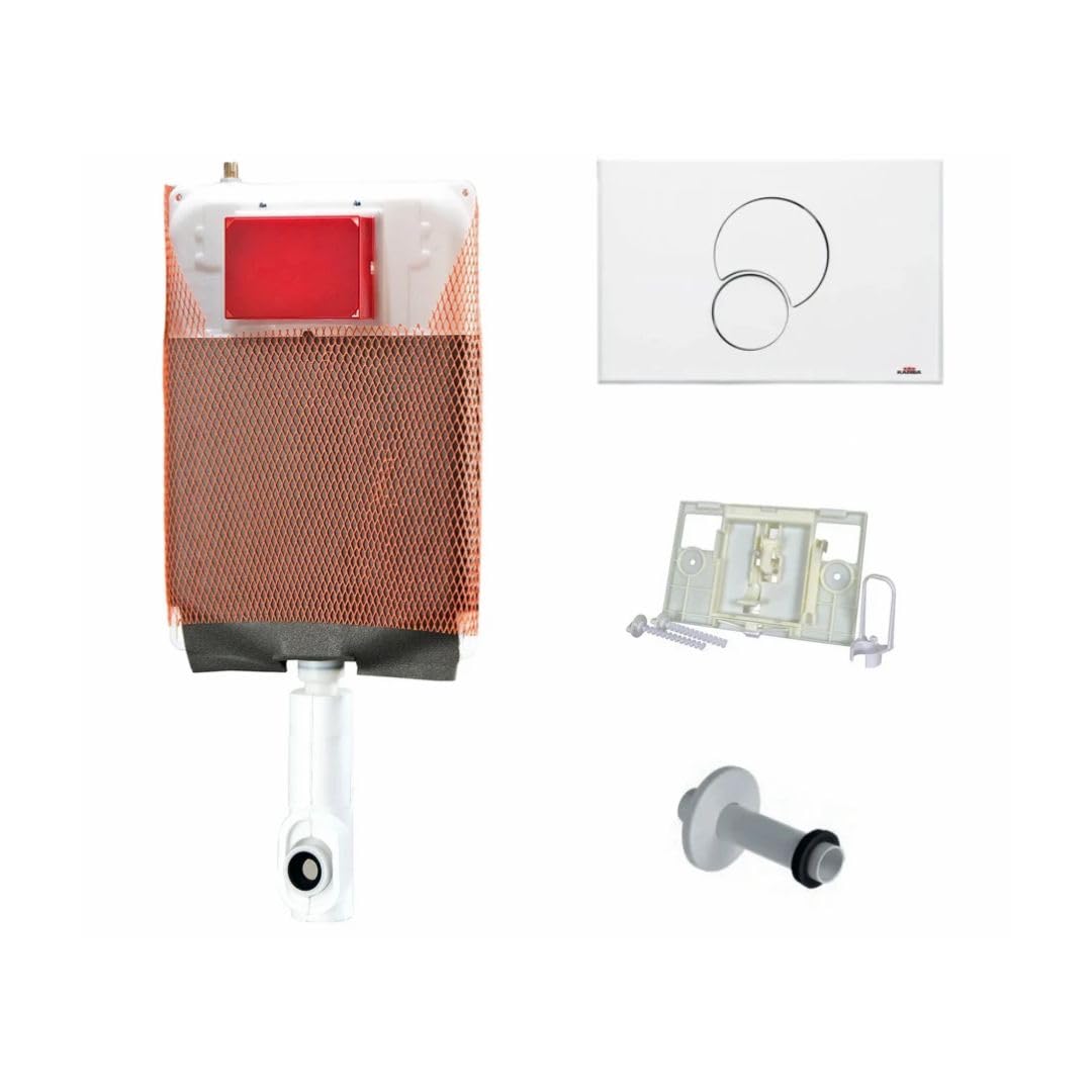 FERCOLOR® Cassetta Incasso WC Kariba Kit Completo di Scarico a Muro con Placca due Pulsanti Alta Qualità (Cassetta con Placca Bianca)