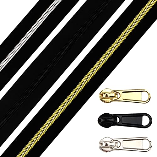 DOITEM #5 Silver Gold Black Metallic Nylon Coil Zippers by The Yard Bulk 16 Yards with 30pcs Sliders for DIY Sewing Tailor Craft Bags (Silver Gold Black)
