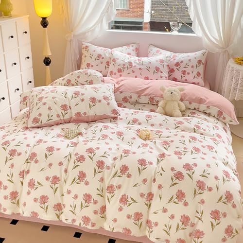 Housse de couette réversible en microfibre douce avec zip motif prairie botanique rose 135x200 - 4