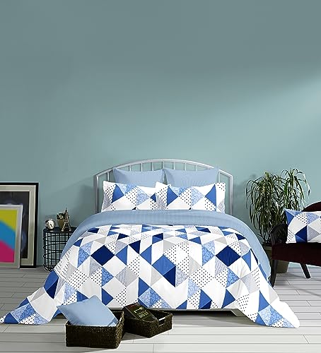 Image of Geometric Bedsheet for Double Bed King Size Cotton, 1 Pure Cotton King Size Bedsheet with 2 Pillow Covers 108x108 Inches | 210 TC Super King Size Bedsheet (Blue)