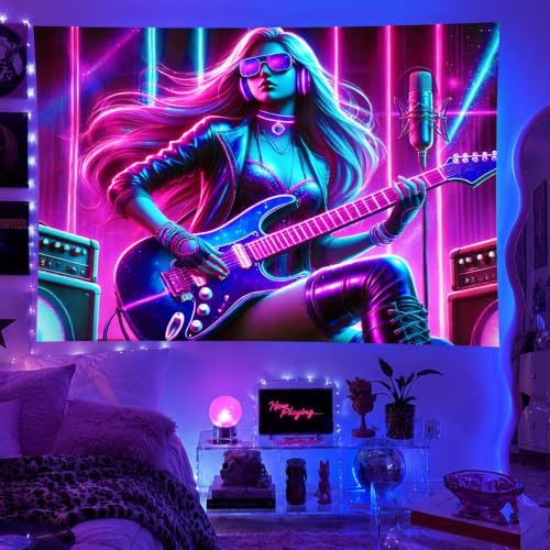 Image of BlissYard Blacklight Anime Tapestry 78x59 Inch Cool Wall Decor | Cool Girl Art Tapestry for Bedroom Glow In The Dark UV Reactive Black Light Tapestries Posters Wall Hanging Room Party Decor