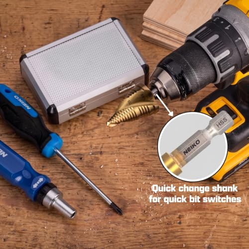 Image of NEIKO 10637A Step Drill Bit, 3 Steps 7 /8 inch to 1-7 /32 inch Spiral High Speed Steel, Titanium Nitride Coated, 1 /4 inch Quick Change Step Bits for Steel, Metal, Wood, Plastic, Unibit Cone Drill Bits, Two Flute