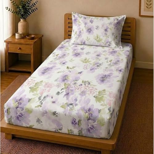 Image of Linen Home Cotton Percale Fitted Bedsheet Set Single Size Floral Purple