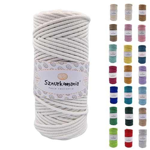 Sznurkomania, Cordón de algodón, 3 mm, 100 m, 46 colores, cordón de algodón trenzado de 3 mm, cordón de macramé, hilo de macramé, hilo de alta calidad, cuerda de macramé (blanco)