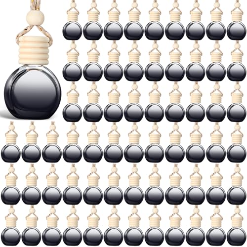 Image of BBTO 100 Pcs Car Air Fresheners Diffuser with Wooden Cap Empty Aromatherapy Diffuser Clear Car Fragrance Holder Pendant Hanging Perfume Fresheners Bottles for Decor (Black,Round)