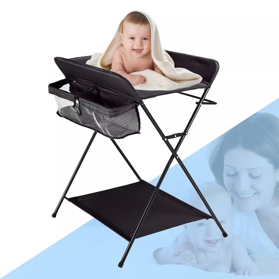 Cambiador de bebé plegable con ruedas, cinturón de seguridad y compartimentos de almacenamiento, cambiador plegable para recién nacidos, almacenamiento para niños pequeños, color negro