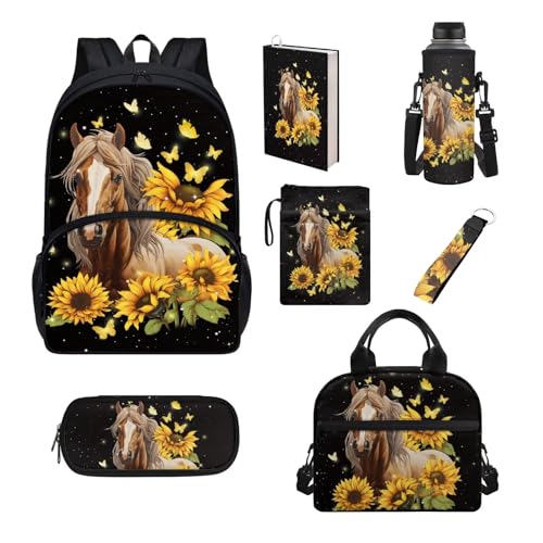 Set di 7 pezzi zaino per scuola elementare primaria sencondaria ragazze ragazzi bookbag borsa pranzo astuccio Cavallo di girasole Taglia unica Set di zaini per la