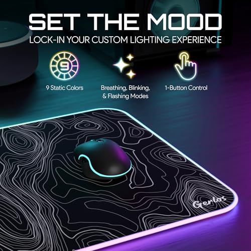 Image of Gerlos RGB Gaming Mouse Pad, Large LED Desk Mat, 31.5 x 11.8 Inch | 12 light modes, non-slip base, water-resistant surface, stitched edges