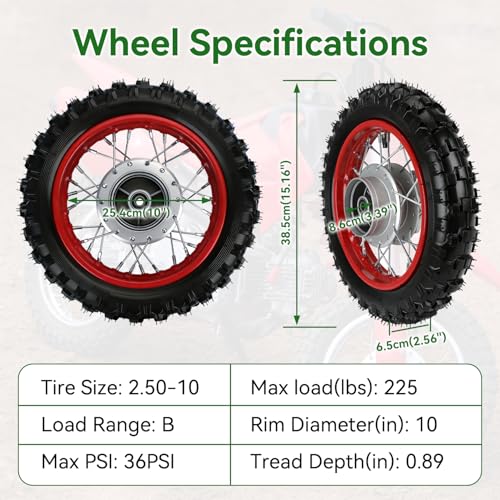 Image of 2.5-10 Rear Wheel Compatible with Dirt Bike CRF50 SSR70 XR50, 2.50x10 Tire & Rim for Apollo Taotao 50cc 70cc 90cc 110cc Pit Bike Off Road Motorcycle with Rear Drum Brake Pad Shoe Assembly Red