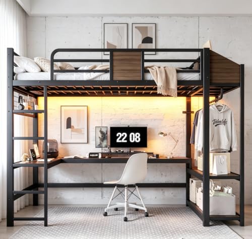 Image of Bellemave Full Size Loft Bed with Desk and USB Ports, Clothes Hanging Rod, LED, Metal Full Loft Bed Frame for Adults, Kids, Teens, Black