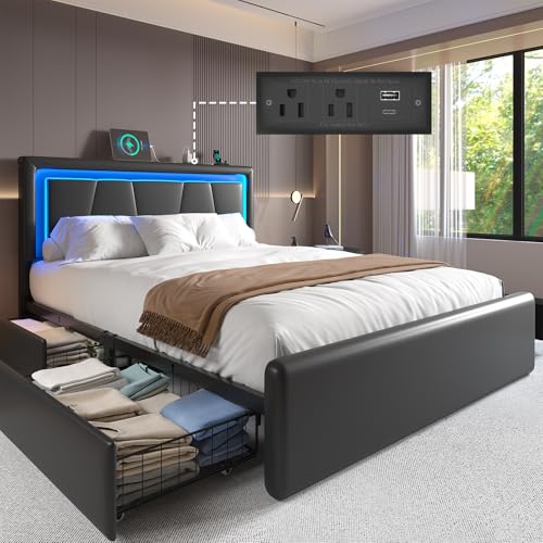 Image of Full Size Bed Frame with 4 Storage Drawers, Upholstered Headboard, Black