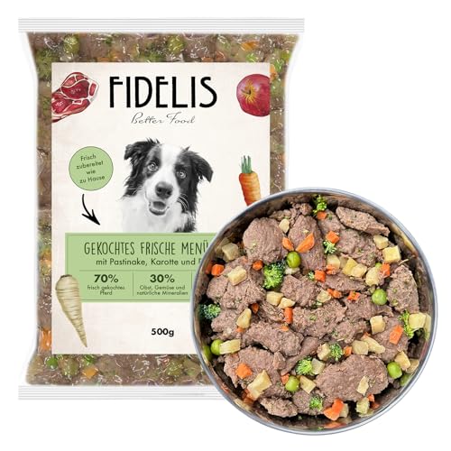 Fidelis - Gekochtes Frische-Menü Pferd für Hunde 10 x 500g - Hunde Futter mit 70% Fleischanteil und frischen Zutaten - Proteinhaltiges Hundefutter nass Nicht extrudiert - Zucker- & Getreidefrei