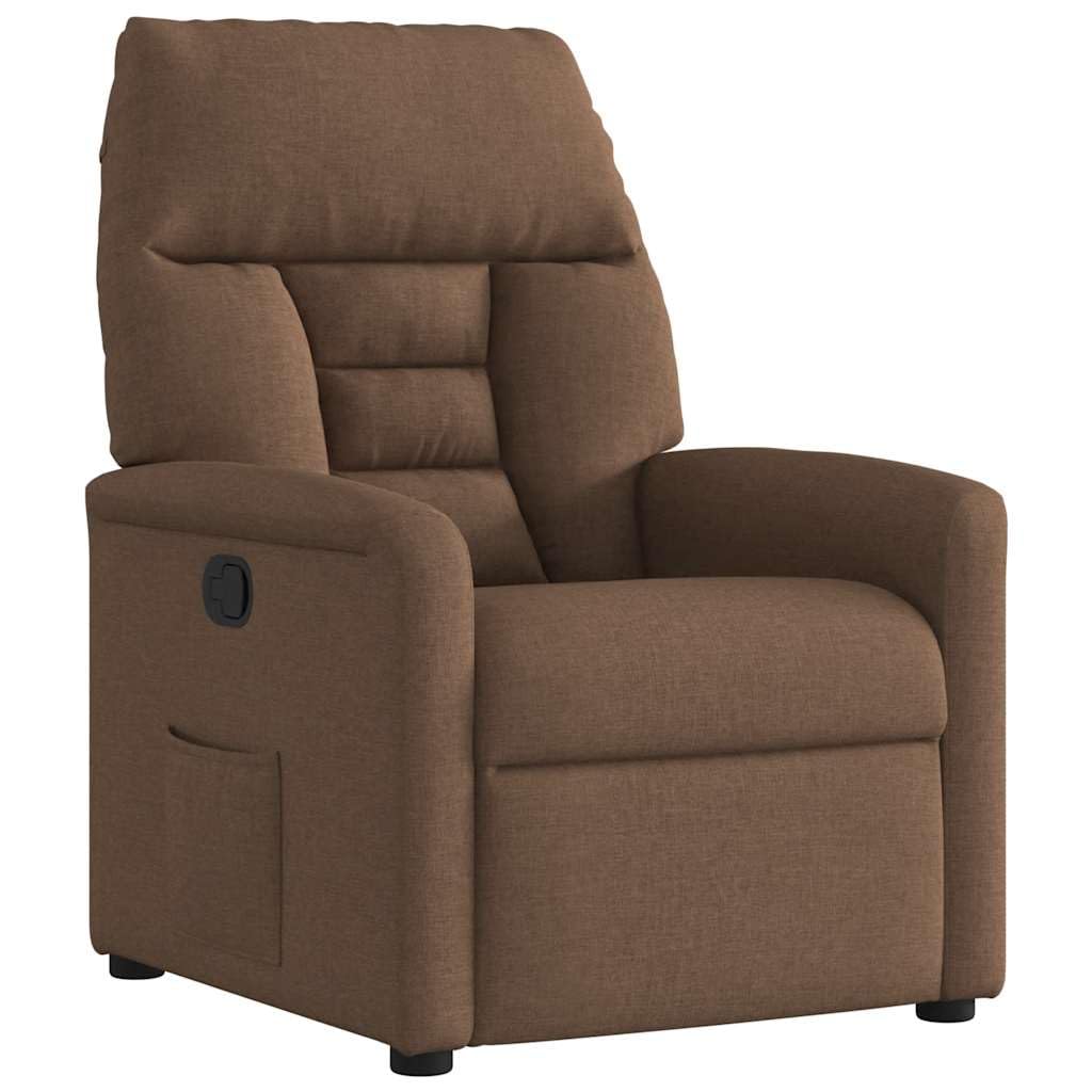 Fotel relaksacyjny brązowy materiał z tapicerką i podłokietnikami, regulowany z funkcją leżenia i podnóżkiem, ergonomiczny fotel z drewna i metalu, do salonu, biura, relaksu i czytania