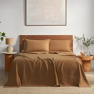 DAPU Pure Linen Sheets Set, 100% French Linen from Normandy, Breathable and Durable for Hot Sleepers, 4 Pcs Set - 1 Flat Sheet, 1 Fitted Sheet, 2 Pillowcase (Earthy Linen, Full)