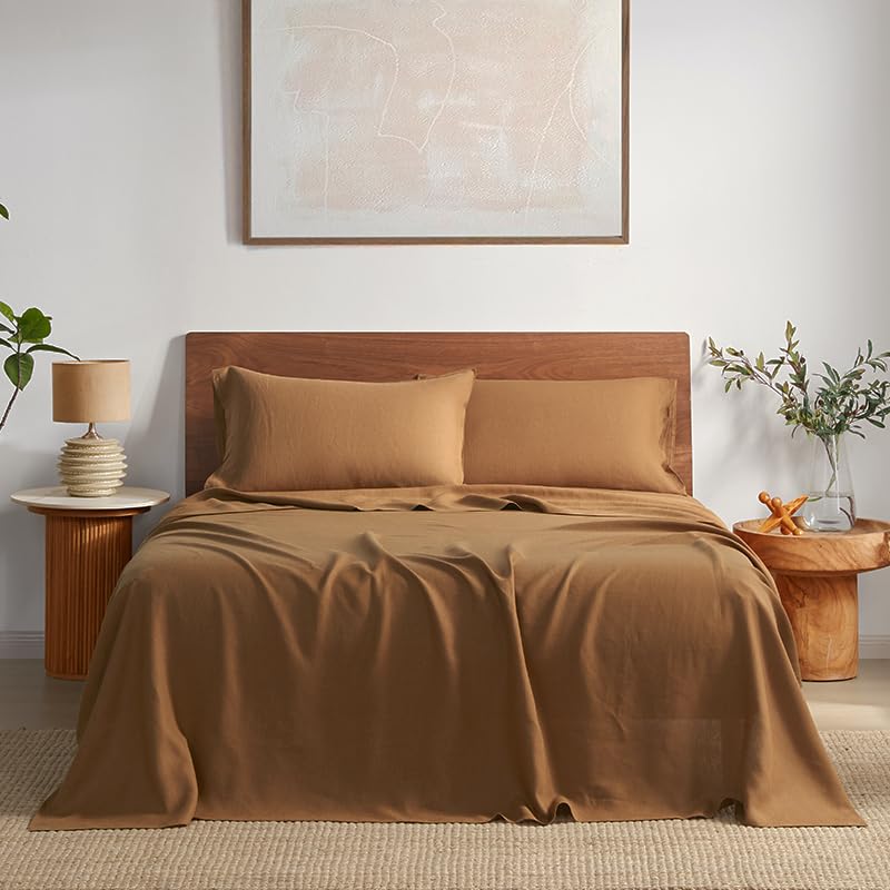 DAPU Pure Linen Sheets Set, 100% French Linen from Normandy, Breathable and Durable for Hot Sleepers, 4 Pcs Set - 1 Flat Sheet, 1 Fitted Sheet, 2 Pillowcase (Earthy Linen, Full)