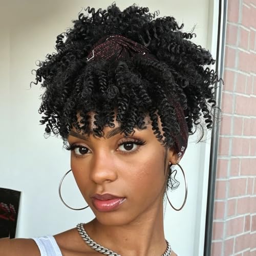 Aisaide Afro Black Headband Wigs for Black Women Short Afro Kinky Curly Headband Wig with Bangs Scarf Wigs Natural Black with Headband Attached Headwrap Wig
