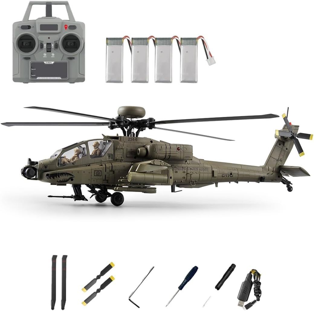 C170 AH-64D Brushless RC Helicopter, 1/48 Scale 6CH Flybarless 3D Flip RC Helicopter with One-Key Inverted Flight, TOF Altitude Hold & Optical Flow Positioning for Hobbyists - Army Green/4 Battery