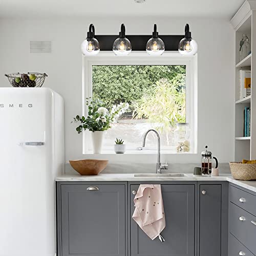 Image of 4-Lights Bathroom Vanity Light Fixtures with Seeded Glass Lampshades Black Industrial Wall Lighting for Over Mirror