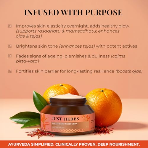 Image of Just Herbs Radiant Glow Night Cream | For Firm & Radiant Skin | 72H Moisture Lock | Non-sticky Moisturiser | Saffron, Vitamin C, Niacinamide, Squalane | Clinically Tested - 50ml