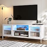 IKIFLY Modern LED TV Stand for 65 Inch TV, White Entertainment Center with 2 Glass Doors and LED Lights, Glass TV Console Table for Living Room Bedroom