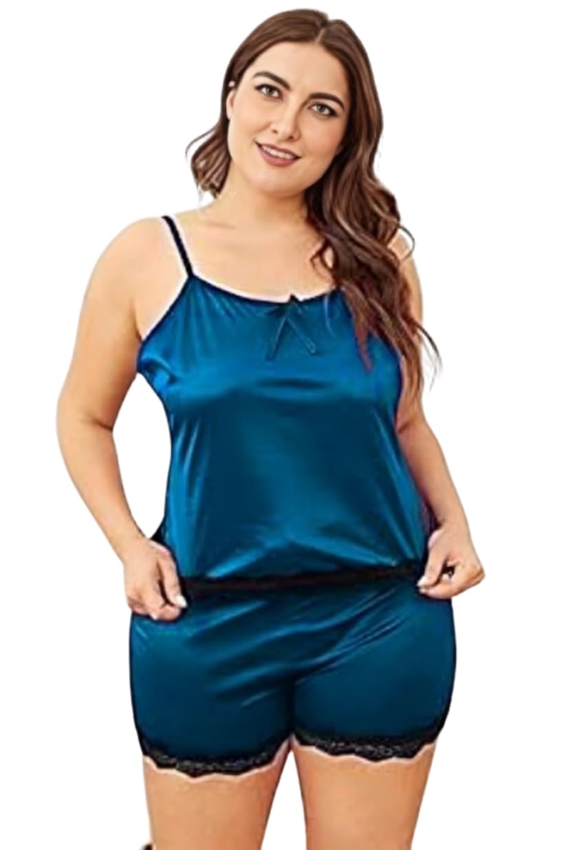 Women's Plus Size Satin Camisole Sleepwear Set with Lace Trim, Sleeveless Top & Matching Shorts Babydoll Nightwea Set-image-49