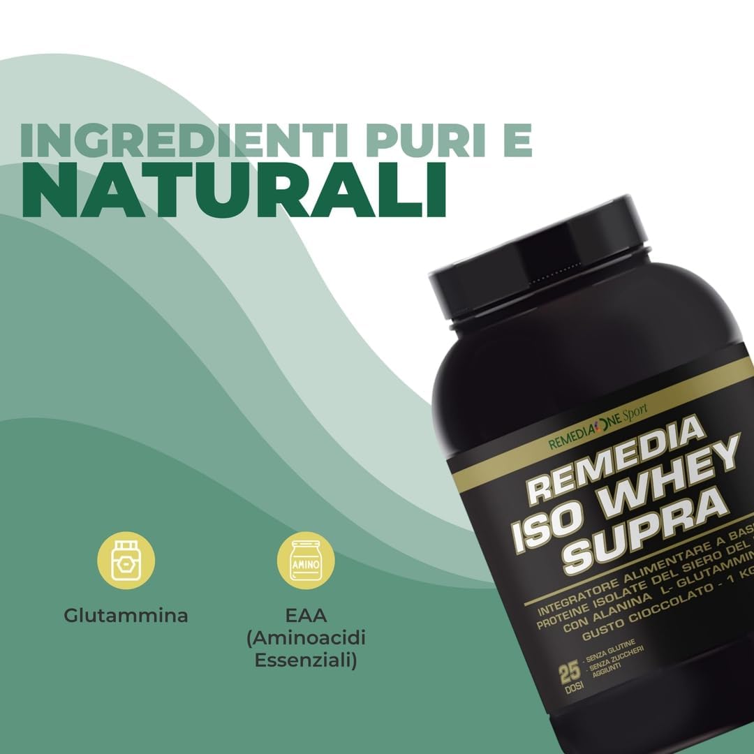 Iso Whey Supra Proteine Isolate per Massa Muscolare, 1 kg | Proteine del Siero Isolate con Alanina e L-Glutammina per Sport e Allenamento, Senza Glutine, Gusto Cioccolato, 25 Dosi