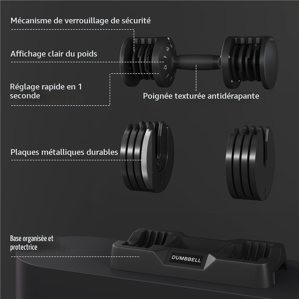 Yaheetech Haltère Réglable 12/25 kg de Musculation 5 en 1 Ensemble d'Haltères à Charge Variable avec Base de Rangement pour Entraînement Fitness Gym à Domicile Bureau