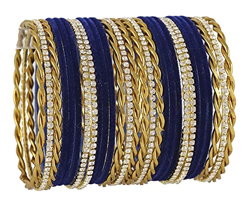Image of NMII Gold Plated Metal Velvet Bangles Set For Women & Girls with Zircon Gemstone Studded | Traditional Women's Bangles | Designer Gold Bangles | Fashion Jewellery- Set of 28