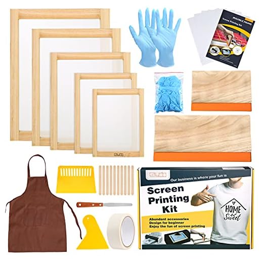 Caydo 33 Pieces Screen Printing kit Include 5 Different Size of Wood Silk Screen Printing Frame with 110 Mesh, Squeegees, Inkjet Transparency Film, Ink Knife, Gloves, Apron and Mask Tape