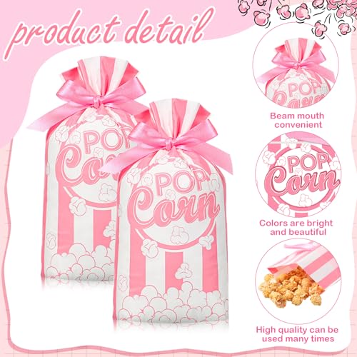 Image of 50 Pcs Popcorn Plastic Bags Circus Carnival Party Goodie Bags Bulk Movie Night Popcorn Container for Carnival Movie Night Theater Halloween Party Supplies (Pink)