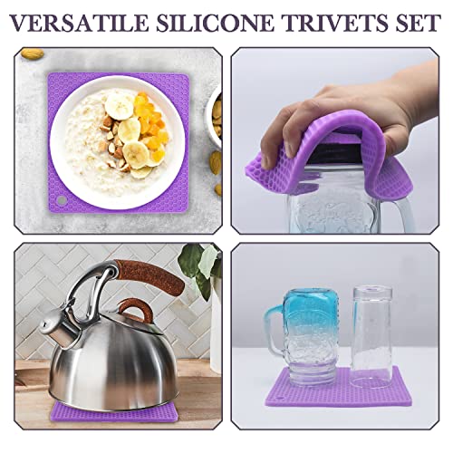 Image of Silicone Silicone Trivet for Hot Dishes, 4 Pack Purple Heat Resistant Silicone Hot Pads Pot Holders for Kitchen Counter Non-Slip Trivets for Hot Pots and Pans, Small Dish Drying Mat & Spoon Rest