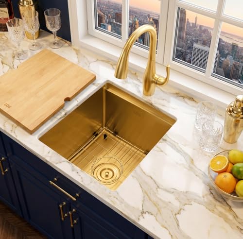 Image of LQS Gold Undermount Bar Sink, Gold Wet Bar Sink and Deep Kitchen Sink 15 inch x 17 inch RV Sink, 16 Gauge Stainless Steel Kitchen Sink with Brushed Finish For RV, Laundry, Outdoor and Prep Use, 10 inch Depth