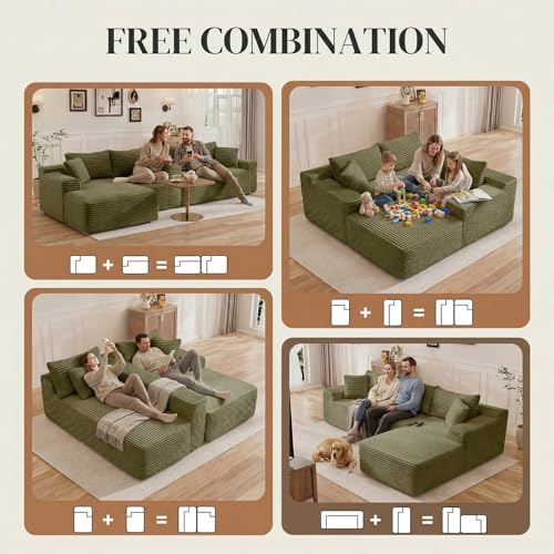 Image of 95 inch L Shaped Cloud Boneless Sectional Couches for Living Room, Modern Comfy Modular Deep Seat Memory Foam Compressed Corduroy Sofa Oversized Right Facing Chaise, No Assembly Required, Green