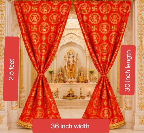 Image of Jai Shree Ram Printed Mandir Puja Curtain, Red and Gold, 2.5 Feet x 30 Inch, Set of 2