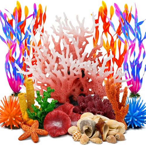 YXGTHGQZ 35PCS Coral Reef Aquarium Decorations Set Ocean Style Aquarium Decor with Artificial Coral Plants Seashells Anemones and Starfish for Freshwater Saltwater and Tropical Fish Tanks